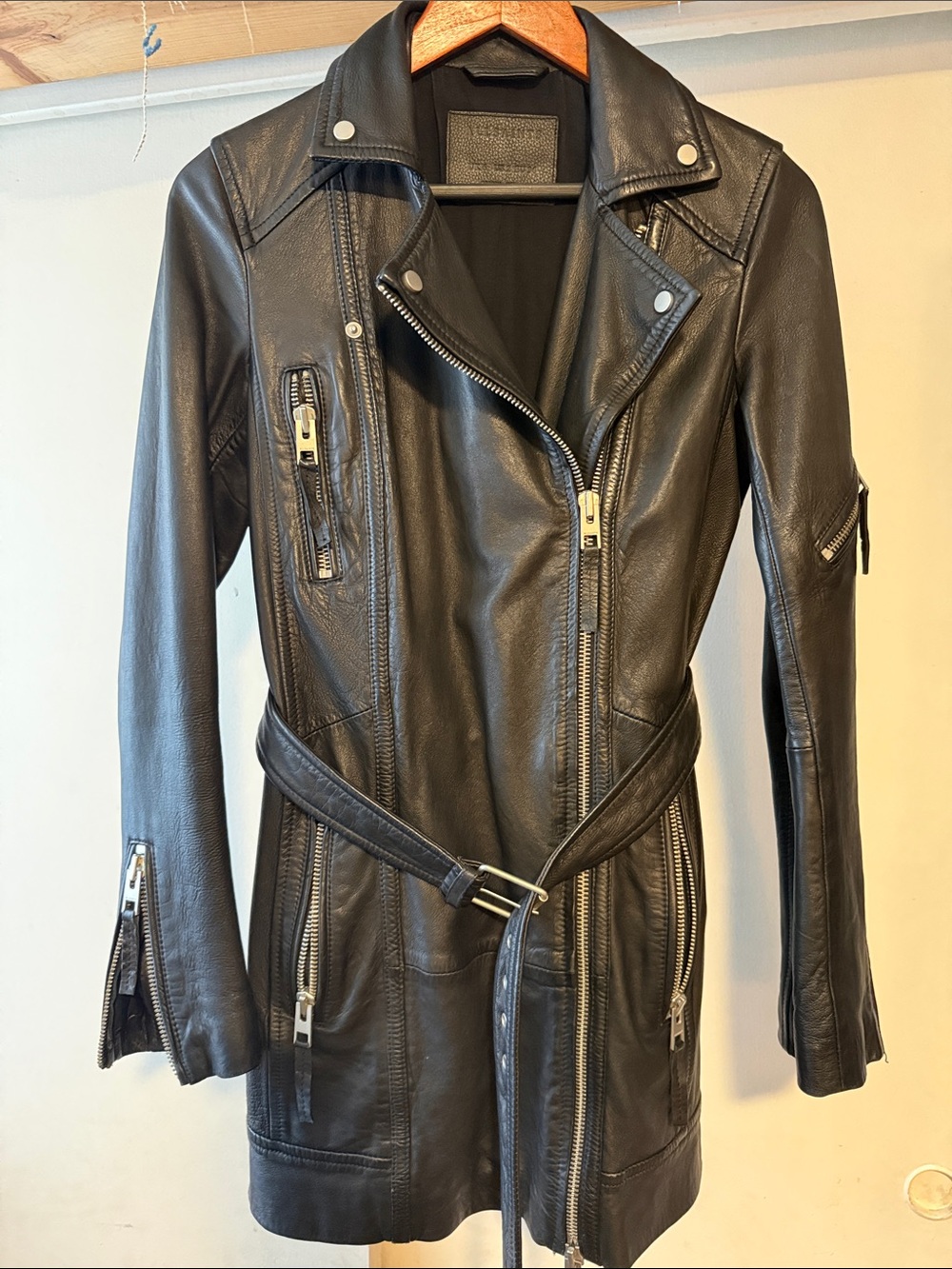 All Saints Women's Black Leather Whitmer Moto Coat with Belt - Picture 1 of 10